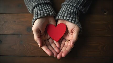Red Heart in Hands Love Care Warm Rustic Wooden Table