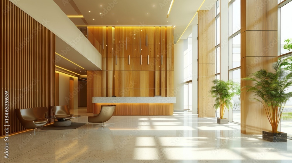 Poster inside view of an office building lobby with modern architecture.