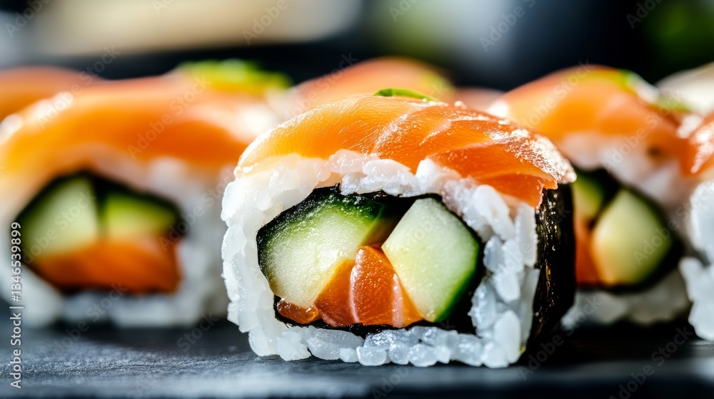 Aufkleber sushi roll with cucumber and salmon. the roll is cut in half and the cucumber is visible