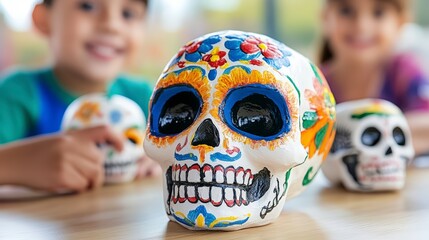 Colorful Painted Sugar Skulls with Smiling Children in Background