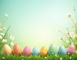 Row of decorated easter eggs on grass against a soft, gradient background. Concepts of easter, spring, celebration, renewal, nature and holiday themes.