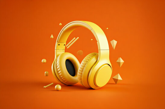 Yellow headphones in orange background with beautiful shapes