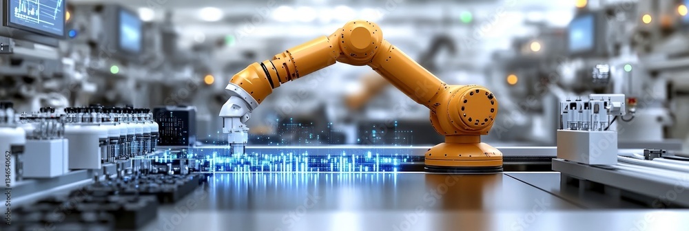 Poster high-tech robotic arm working at modern assembly factory