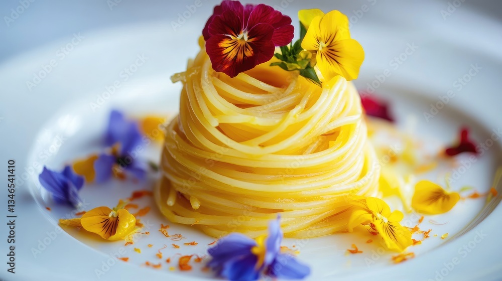 Poster A beautiful plate of spaghetti with vibrant saffron and edible flowers, arranged in a neat stack, creating a visually stunning and elegant culinary presentation.