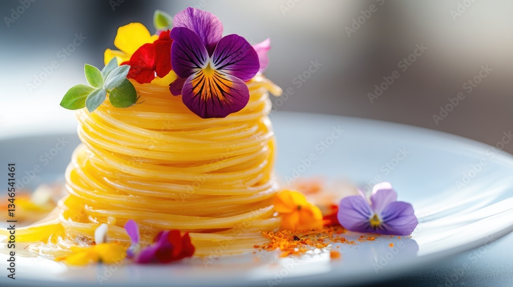 Poster a beautiful plate of spaghetti with vibrant saffron and edible flowers, arranged in a neat stack, cr