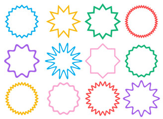 Set of colorful circle wavy ink drawn frames. Zigzag wavy edges, psychedelic photo frames, text boxes, tags. Abstract elements for template, stickers, promo material, web or social media design