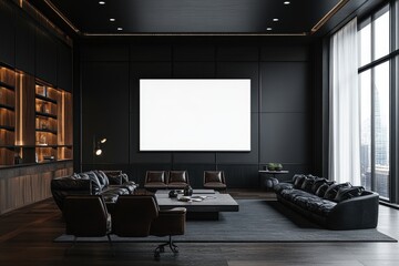 Dark luxury living room with large blank canvas and couches. Great for displaying artwork or any other desired design.