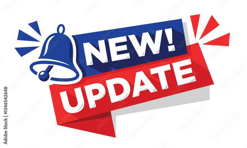 Fototapete modern label new update on red and blue ribbon with bell. banner with notification bell, announcemen