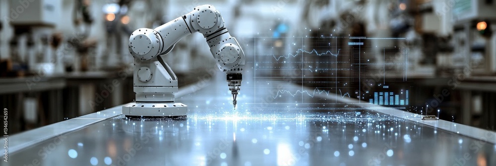 Aufkleber robotic arm analyzes data in futuristic workshop
