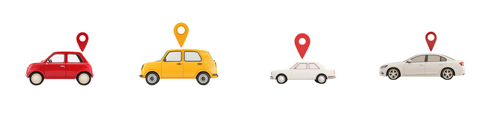 Fototapeta premium A set of colorful minimalist icons depicting various vehicles such as cars taxis and transportation symbols along with location markers representing travel navigation and urban infrastructure