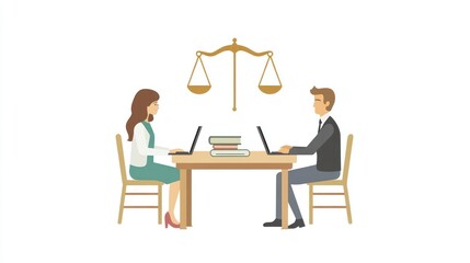 Fototapeta premium Businesspeople negotiating with scales of justice