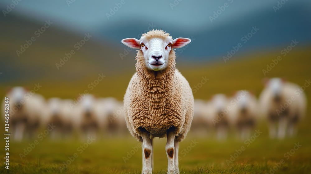 Poster sheep stands in a field with other sheep. the sheep is the only one that is not facing the camera