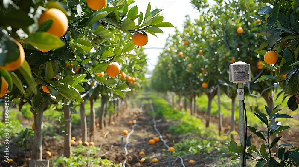 Poster wireless soil moisture sensors communicating with an irrigation controller in a citrus grove