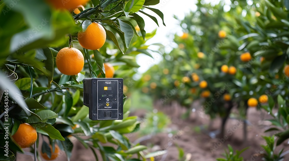 Poster wireless soil moisture sensors communicating with an irrigation controller in a citrus grove
