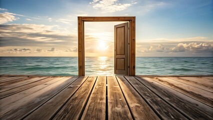 Open wooden door revealing a serene ocean view with sunlight reflecting on the water symbolizing tranquility and endless possibilities.
