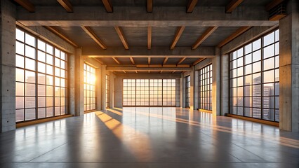 Spacious industrial style room with polished concrete floors and floor-to-ceiling windows flooded with natural light, perfect for versatile use.