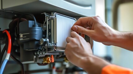 A technician is replacing a filter in a heating system, demonstrating hands-on maintenance of essential home equipment.