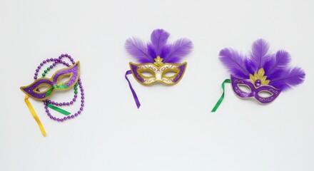 Fototapeta premium Purple, Gold, and Green Mardi Gras Masks with Feathers; Festive Carnival Masks for Party Decorations