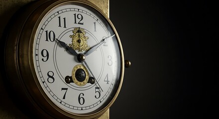 Naklejka premium Vintage brass ship's clock detail shot showcasing intricate craftsmanship and aged patina against a dark background A timeless nautical timepiece