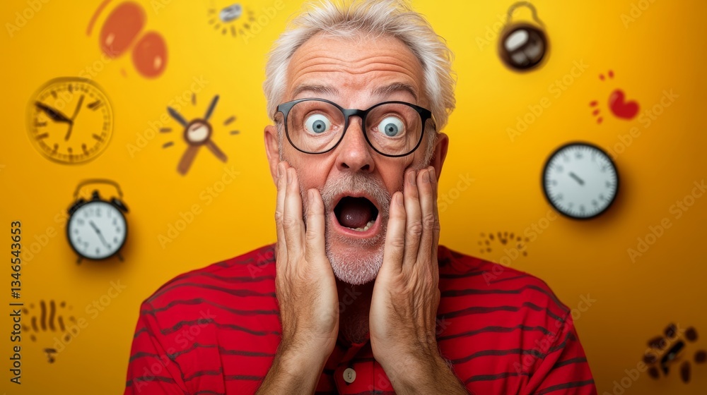 Poster man in a red shirt is screaming in front of a wall with clocks on it. the man is wearing glasses and
