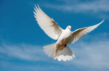 Obraz premium white dove soaring gracefully through a clear blue sky, symbolizing peace and freedom.