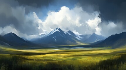 Fototapeta premium A beautiful landscape painting shows mountains and an open field
