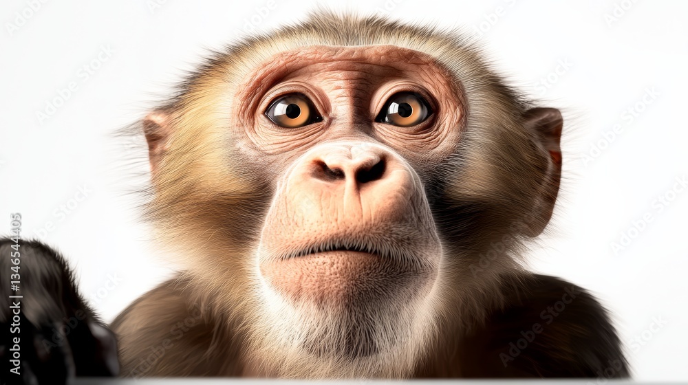 Poster monkey with a surprised look on its face. the monkey is looking at the camera. the image has a light