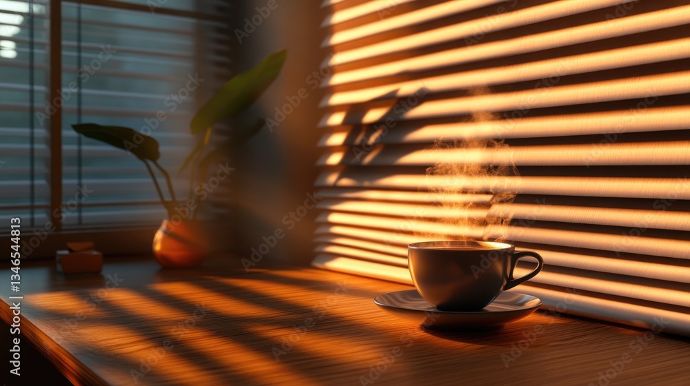 Poster a calm and serene scene with a steaming cup of coffee on a wooden table, gently illuminated by warm 