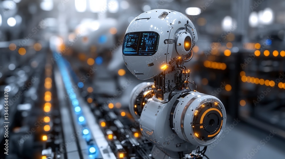 Poster futuristic robot head with digital interface display