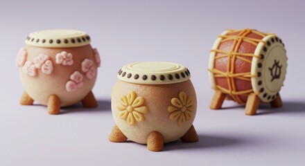 Japanese Taiko Drums:  Miniature Taiko Drum Set, Traditional Japanese Percussion Instruments, Cherry Blossom Design