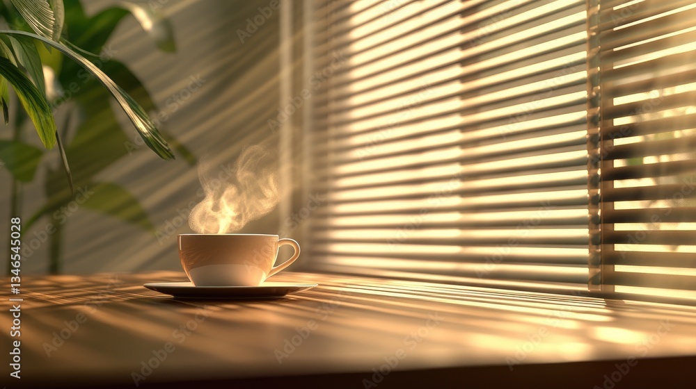 Poster a calm and serene scene with a steaming cup of coffee on a wooden table, gently illuminated by warm 