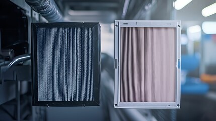 Two air filters are displayed side by side, showcasing a clean filter next to a dirty one, highlighting the importance of maintaining air quality.