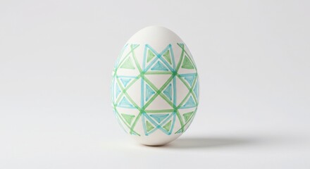 Decorative Easter Egg with Geometric Teal and Green Triangle Pattern;  Hand-painted Easter Egg Design, Spring Holiday Symbol
