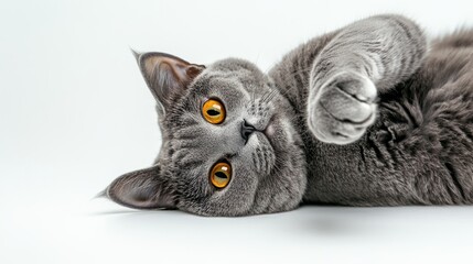 Gray british shorthair cat with amber eyes relaxing on light background