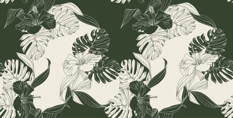 Seamless tropical leaves pattern. Exotic flowers pattern