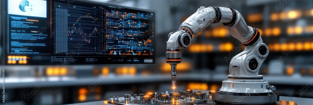 Poster robotic arm operating in a modern tech environment