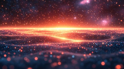 Glowing particles sunrise landscape, cosmic background, digital art