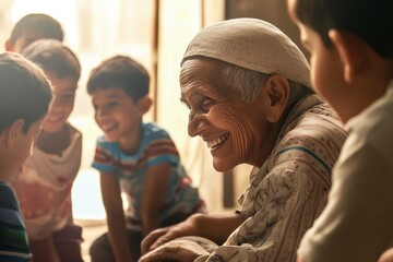 Fototapeta premium Joyful elderly woman smiles while interacting with children in a warm indoor setting, emphasizing familial ties and cultural connection