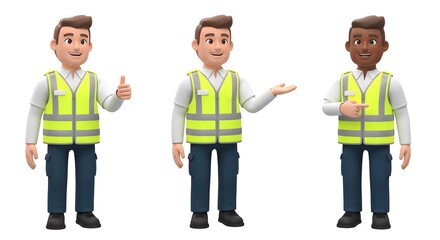 Fototapeta premium 3D Construction Professionals in Safety Vests with Various Gestures on Plain White Background - Professional Vector Illustration Pack with AI File for Construction Sector