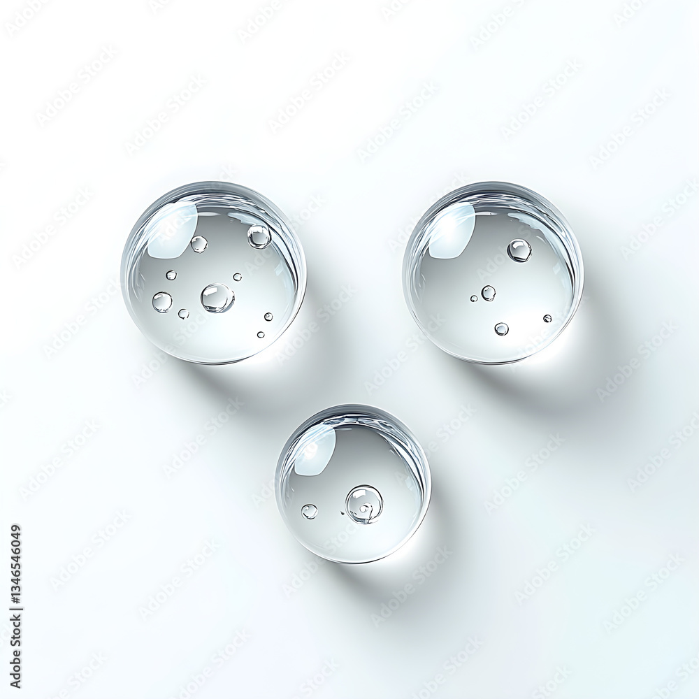 Poster three transparent spheres with bubbles floating on white background
