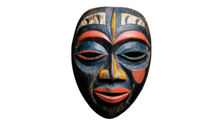 Colorful african tribal mask isolated on transparent background representing ancient traditions