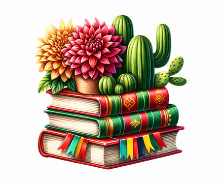 Mexican-inspired watercolor illustration of books stacked with cacti and floral dahlias in bright festive colors