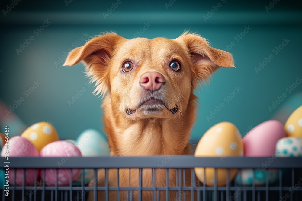 Poster dog is looking at the camera with a basket of eggs in front of it. the basket is filled with a varie