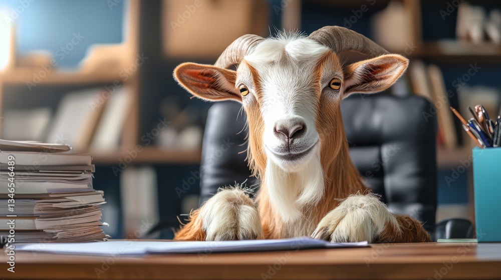Poster goat is sitting at a desk with a pile of papers in front of it. the goat appears to be smiling and l
