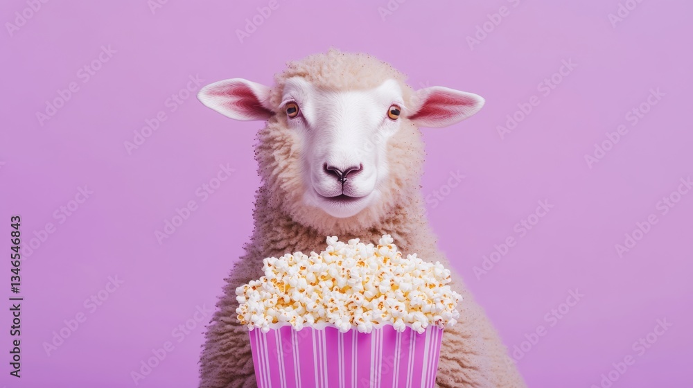 Poster sheep is holding a popcorn box in its mouth. the sheep is smiling and looking at the camera. the pin