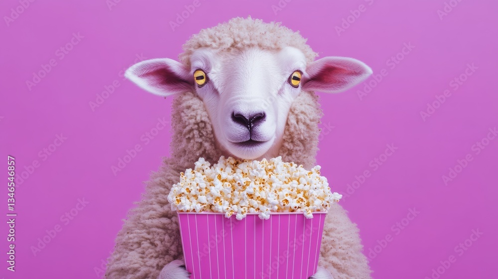 Poster sheep is holding a box of popcorn. the sheep is looking at the camera with a surprised expression