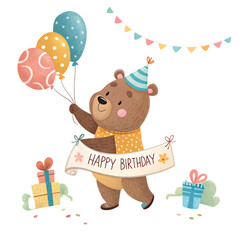 Fototapeta premium Cute Bear Birthday Party Clipart
