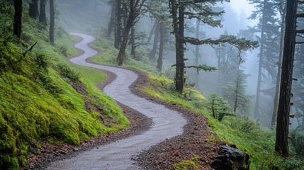Fototapeta premium Winding trail through a misty forest. Lush greenery and mossy slopes line a curving path, dappled with morning light