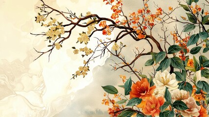 Elegant floral watercolor backdrop with warm beige and peach hues, intricate branches adding sophistication.