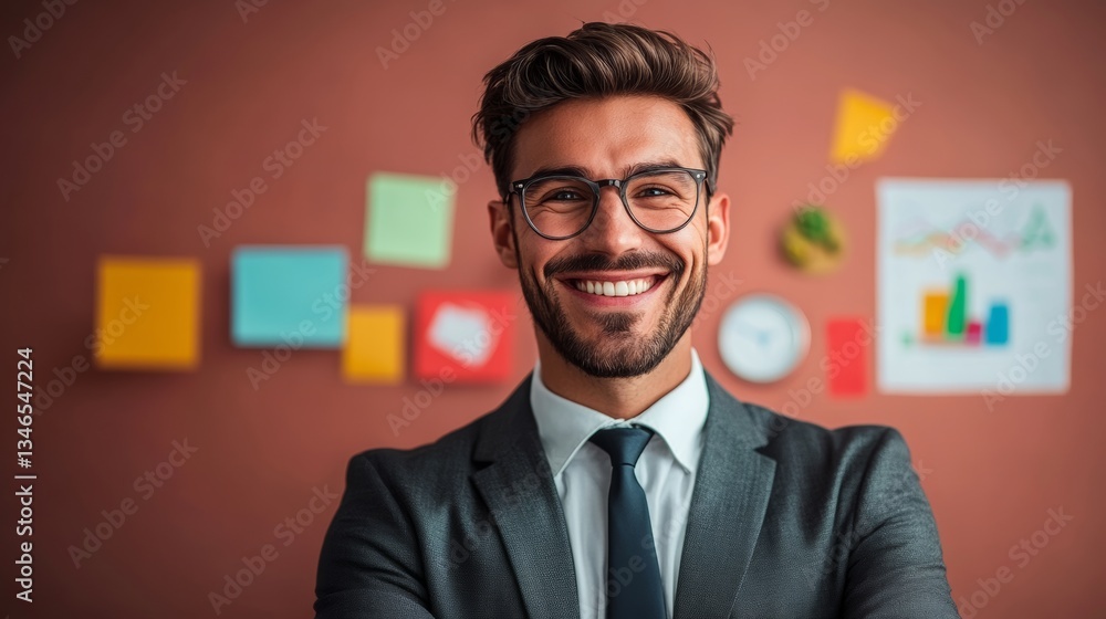 Poster man in a suit and tie is smiling and posing for a picture. concept of professionalism and confidence